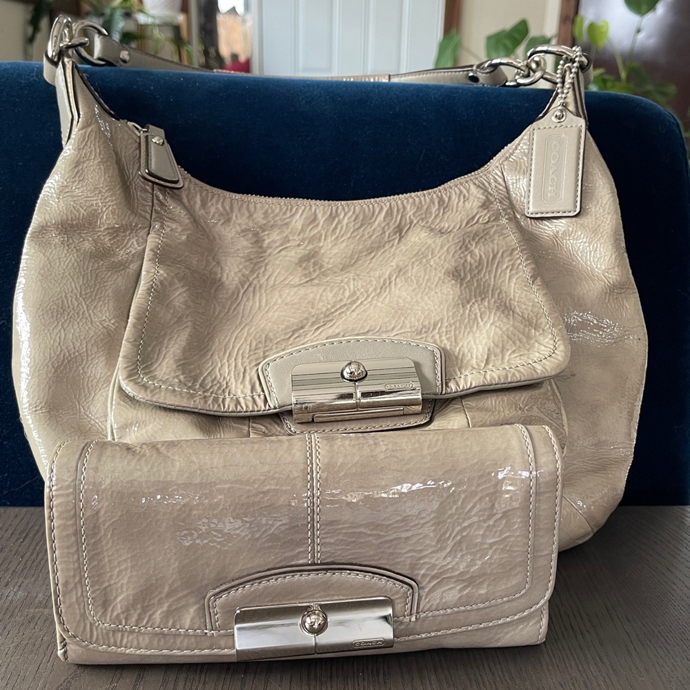 Coach Grey Patent Leather Kristin Hobo Shoulder Bag and Wallet